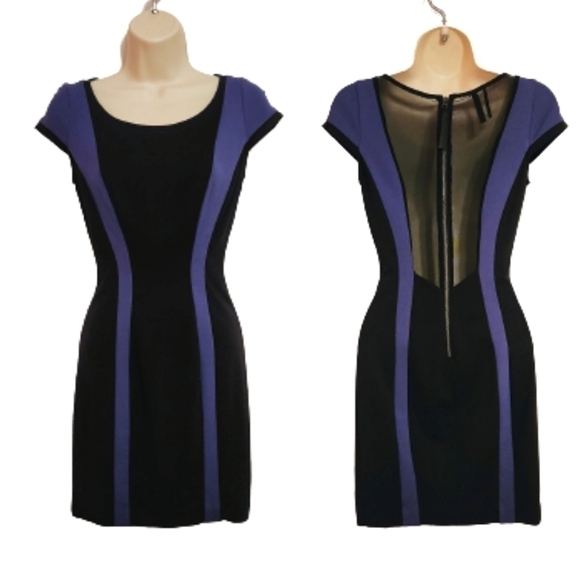 Guess Color Block Mesh Back Bodycon Mini Dress Black Purple 2 - Picture 1 of 11